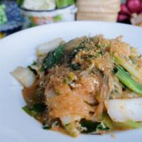 57. Sukiyaki Noodles · Served soup or stir-fried. Silver noodles with chicken, shrimp, squid, fish balls, shrimp ba...