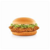 Chicken Strip Sandwich · Two chicken strips with lettuce and mayo on a bun.