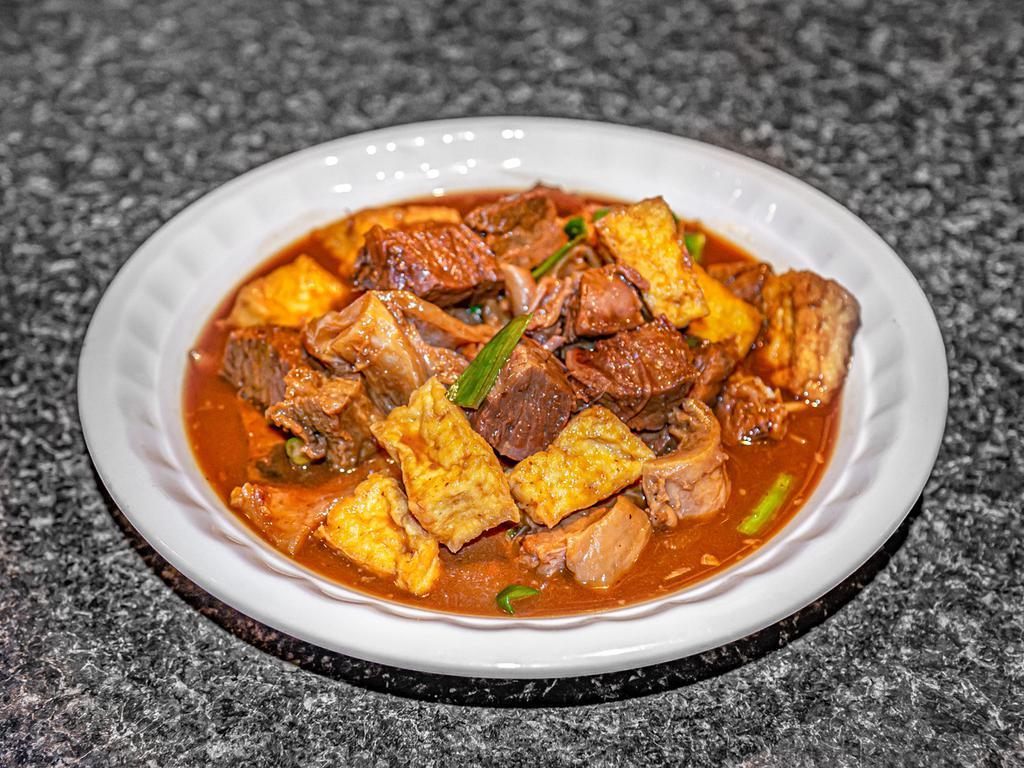 Beef Brisket with Tofu in Clay Pot · Has tendons. Tofu is fried.