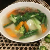 26. Pho Chay · Vegetarian broth pho. Soy tofu, bok choy, daikon, potato, carrots, and string beans.