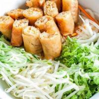 D1. Egg-Rolls & Vermicelli Noodle - Bún Chả Giò · Served with lettuce, fresh bean sprouts, cilantro, cucumber, pickled daikon, carrot and roas...