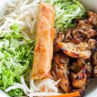 D9. Grilled Lemongrass Chicken & Egg-Roll & Vermicelli Noodle - Bún Gà Nướng Xả & Chả Giò · Egg rolls with vermicelli noodle. Served with lettuce, fresh bean sprouts, cilantro, cucumbe...