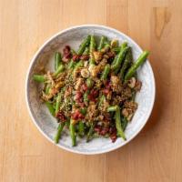 Long beans · Oyster mushrooms, fermented shallots, chilis, goji berries, sesame seeds - Vegan, Gluten Free