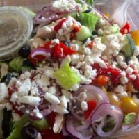 Greek Salad · Romaine lettuce, feta cheese, cucumbers, black olives, cherry tomatoes, red onions and with ...