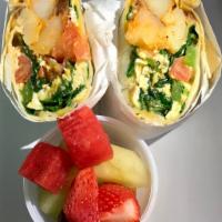  Veggie Breakfast Burrito · Scrambled eggs, spinach, tomatoes, bell peppers, onions, potatoes, pepper jack and cheddar c...
