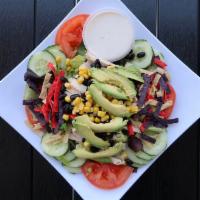 Santa Fe Salad · Bed of greens, chicken breast, cilantro, black beans, tortilla strips, corn, tomatoes, avoca...