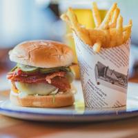 Burger 55 with Home Chips · Bacon, Caramelized onion, Home made Pickles, T55 Sauce, Tomato And Lettuce