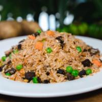 Tom Yum Fried Rice · Jasmine rice stir fried with peas carrots, white onions, garlic and sesame oil with tom yum ...