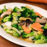 Stir-Fry Mixed Veggies · Mushrooms, broccoli, yu choy (Chinese greens), chopped cabbage, sliced ginger, carrot slices...