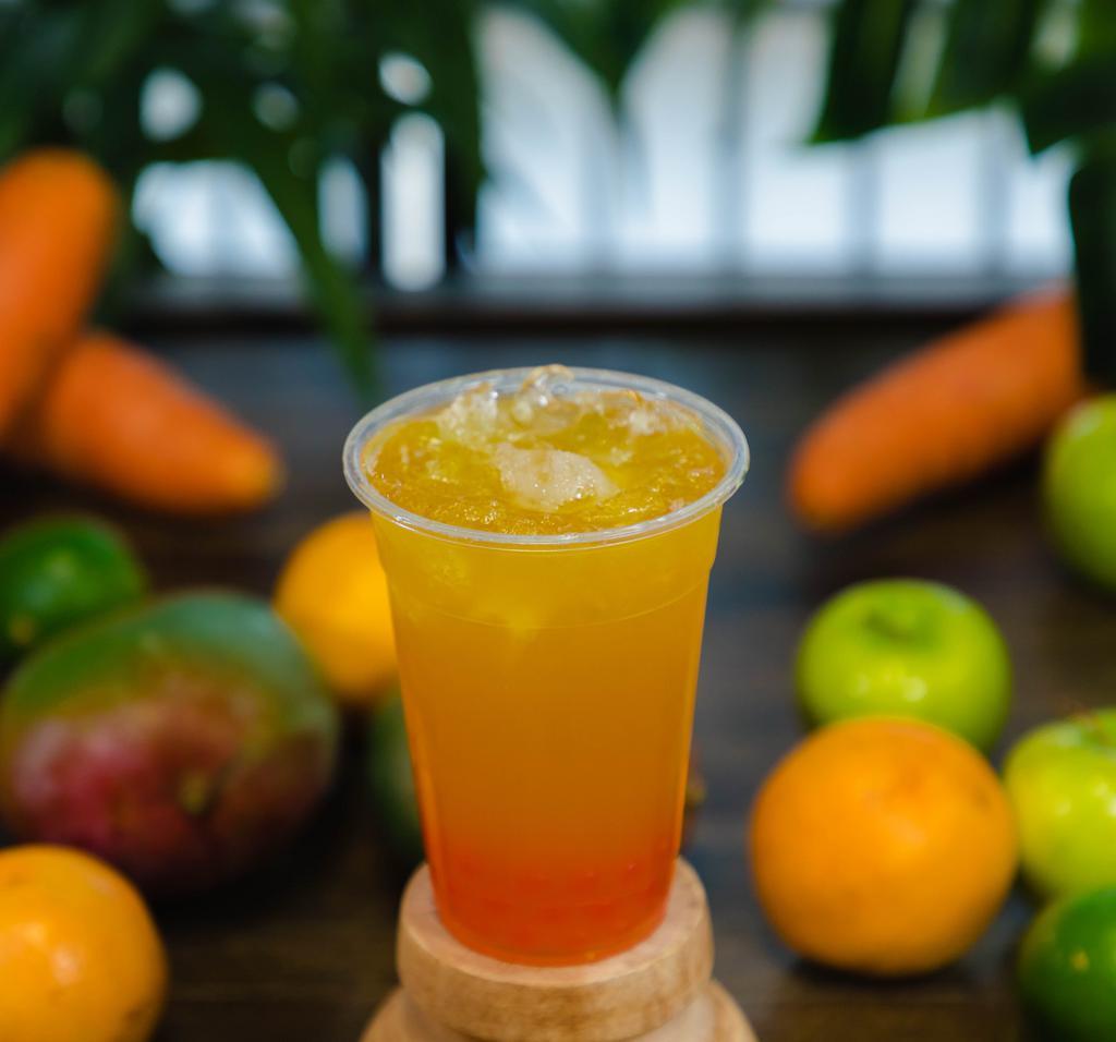 Orange Fruit Tea · Mango fruit tea flavor with your choice of popping boba. Made with high quality, aromatic Jasmine tea leaves.