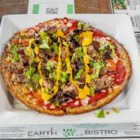 Grass Finished Burger Pizza · 100% fresh grass-finished beef, roasted onions, Roma tomatoes, mozzarella, light tomato sauc...