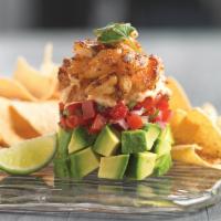 Fresh Avocado & Shrimp Stack · Fresh avocado, pico de gallo and spicy chipotle ranch dressing layered and topped with Cajun...