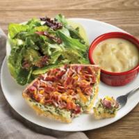 Soup, Salad & Quiche · Freshly baked quiche with melted aged cheddar and jack cheeses topped with applewood smoked ...
