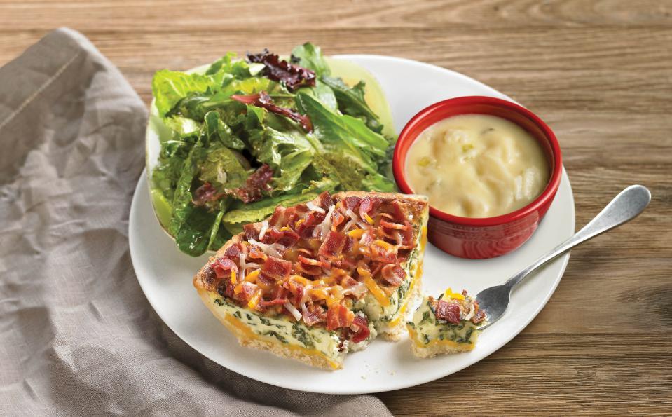 Soup, Salad & Quiche · Freshly baked quiche with melted aged cheddar and jack cheeses topped with applewood smoked bacon. Served with a cup of soup and a house salad.