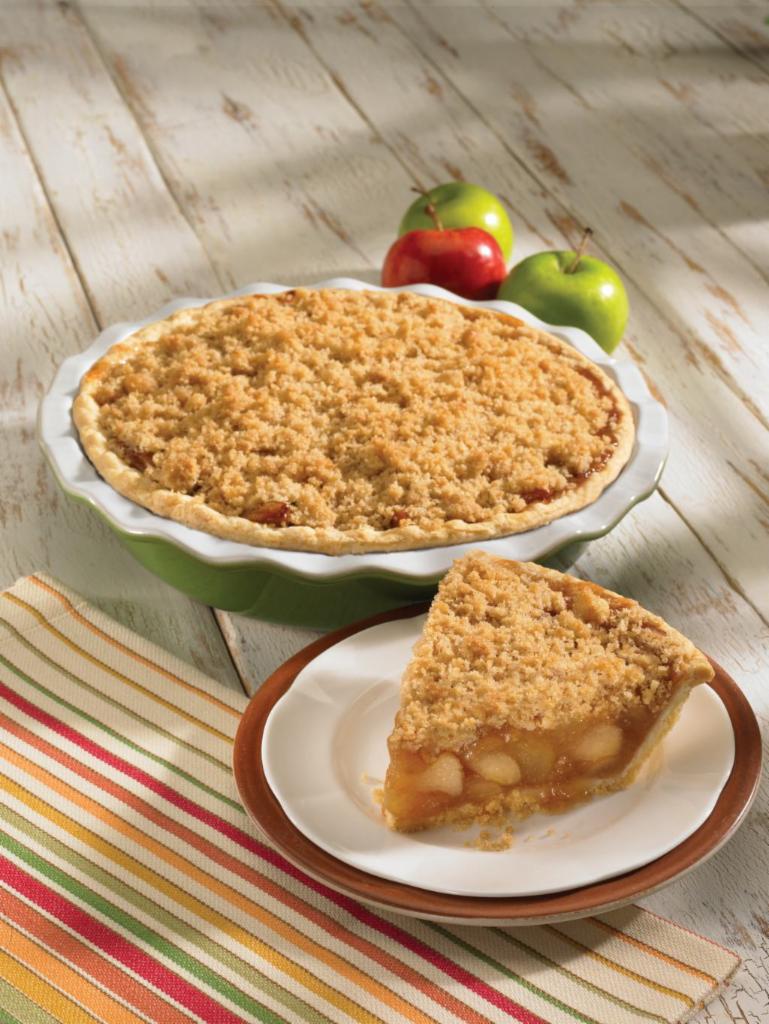 French Apple Pie · Our traditional apple pie with a crumbly cinnamon streusel topping. Baked to a golden brown finish in our delicious flaky crust.