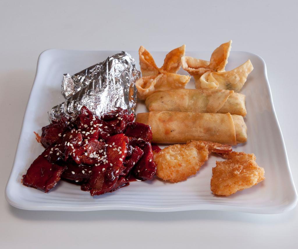 Taster's Platter · An assortment of our famous appetizers 2 roll, 2 rangoons, 2 fried shrimp and BBQ pork.