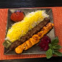 Bakhtiari · 1 skewer of barg and 1 skewer of chicken. Served with Basmati Rice and Grilled tomato 