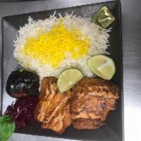 Salmon Platter · Saffron and garlic marinated pan seared salmon Served with Basmati Rice 