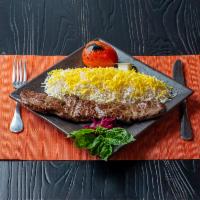 Barg Kabob Dinner · Grilled marinated tenderized beef tenderloin Served with Basmati Rice and Grilled tomato 