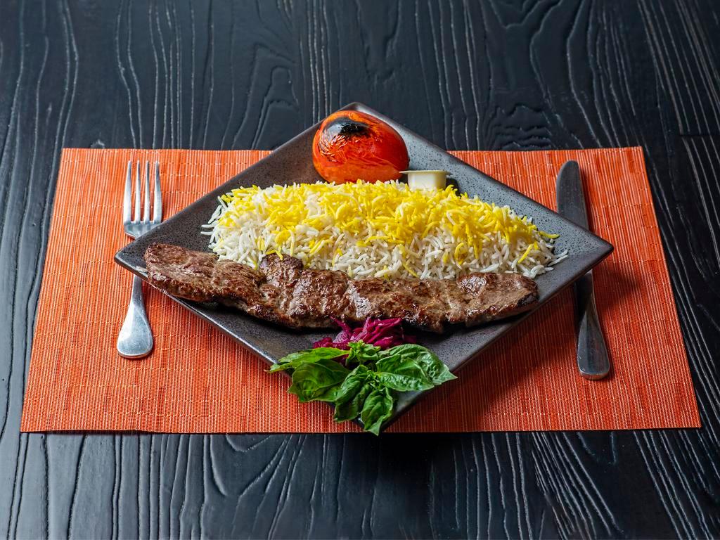 Barg Kabob Dinner · Grilled marinated tenderized beef tenderloin Served with Basmati Rice and Grilled tomato 