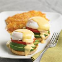 California Eggs Benedict · Toasted English muffin topped with fresh avocado, tomatoes, poached eggs and hollandaise sau...