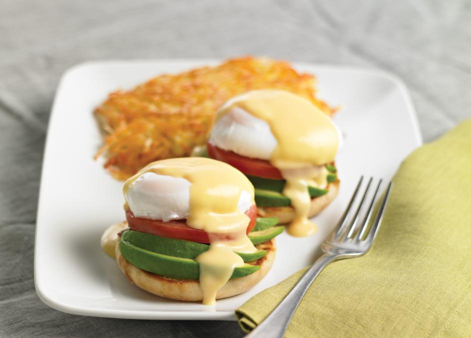 California Eggs Benedict · Toasted English muffin topped with fresh avocado, tomatoes, poached eggs and hollandaise sauce. Served with hash browns. After 11am; crispy tots replace hash browns. Vegetarian.
