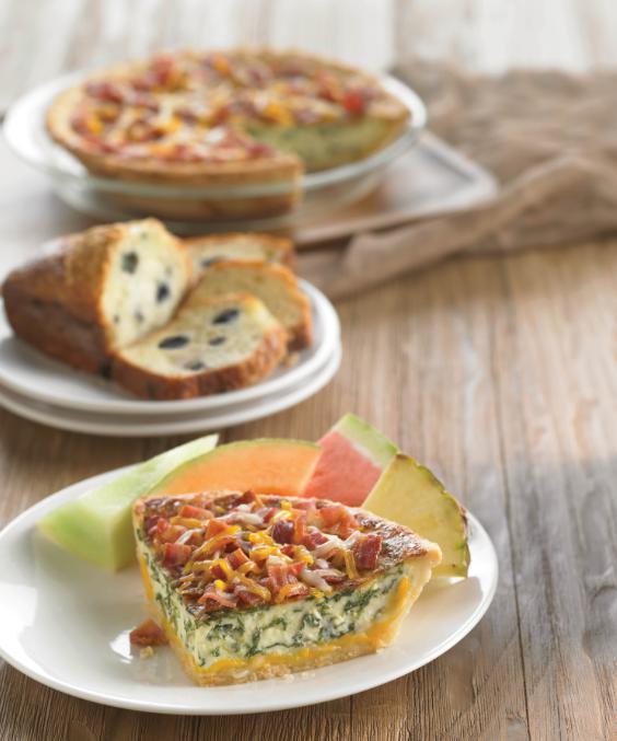 Marie's Classic Bacon Quiche - Bacon · A blend of cheeses, spinach and egg all baked in our famous flaky crust, topped with applewood smoked bacon and melted cheese. Served with fresh fruit.