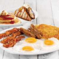 Triple Egg Dare Ya · Three eggs any style, three strips of applewood smoked bacon, three sausage links, two house...