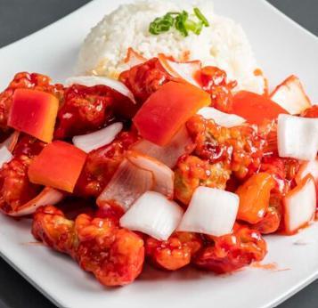 Sweet and Sour Chicken Plate · Crispy chicken tossed in sweet and sour sauce served with red bell peppers, onions, pineapple and steamed rice.