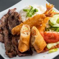 Combination Plate · Served with steamed rice, eggroll, salad, and 2 pieces shrimp tempura. Extra meat for an add...