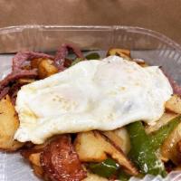 Good’s Pastrami Hash · Boar’s Head pastrami with potatoes, onions and peppers and 2 over-easy eggs.