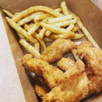 Chicken Tenders · 6 freshly battered tenders served with fries, coleslaw, and honey mustard.