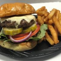 Deluxe Burger · Angus beef cheese burger, lettuce, tomato, pickle, raw onion & Fries