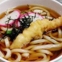 Tempura Udon Soup · Shrimp and vegetable tempura, fish cake, green onion, seaweed and udon noodle.