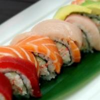 Rainbow Maki · 10 pieces Imitation crab, ebi and cucumber top assorted fish and green onion. Raw fish.