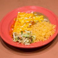 Santa Fe Burrito · Filled with rice, beans, ground beef or chicken. Topped with melted cheese, lettuce, onions,...