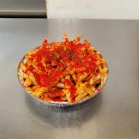 Xxtra Flamin Hot Cheese Fries · Hot crispy fries with melted cheddar cheese and crushed xxtra flamin hot Cheetos.