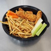 Chicken Tenders Combo · Crispy chicken tender strips served with crispy fries or rice and corn.