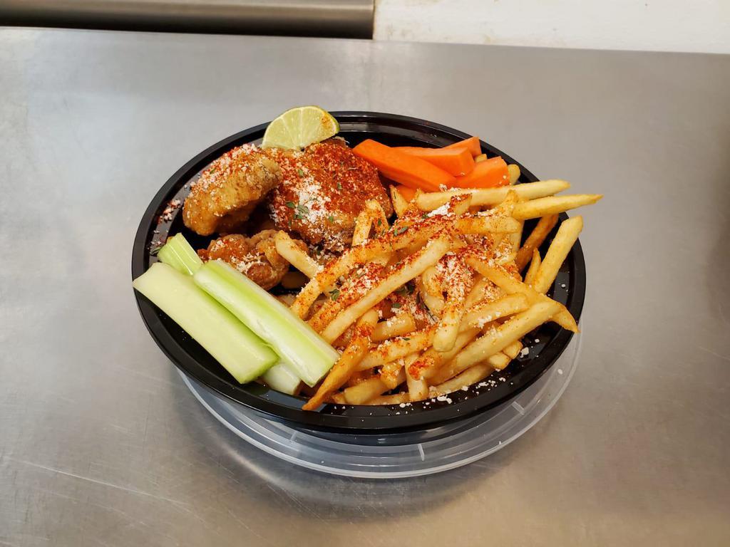 Crispy Chicken Wings Combo · Crispy chicken wings with house-made sauce paired with a choice of fries, Carrots, celery or rice and corn. garlic butter salt, honey BBQ, Sriracha, spicy Korean or Buffalo hot.