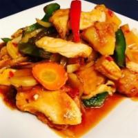 46. Sweet and Sour Saut' · Pad Priew Wann. Sauteed meat in a sweet and sour sauce with pineapple and mixed vegetables.