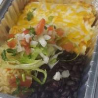 Chicken Enchilada · 2 enchiladas with red salsa and cheese on top, side of rice and black beans.