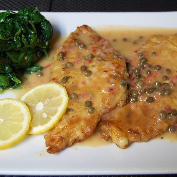 Chicken Francese · Egg battered chicken breast with lemon and white wine sauce. Served with choice of pasta or salad.