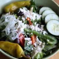 The Greek Salad · Romaine, Kalamata olives, artichoke hearts, pepperoncini, bell peppers, onion, cucumber and ...