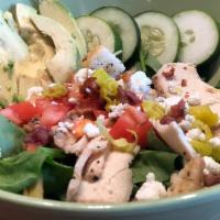 Roasted Chicken Salad · Spinach, roast chicken, cucumber, tomato, smoked bacon, pepperoncini, fresh avocado, goat ch...