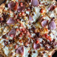 The CCR Pizza · Ranch sauce. Grilled chicken, Canadian bacon, smoked bacon, chopped tomato, mozzarella and c...