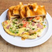 Fred Omelette · Salami, cheese, mushrooms, onions, peppers and tomato. Includes choice of bread and side.
