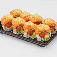 R2. Salmon Lover Roll · Salmon, avocado, topped with spicy crunchy salmon.