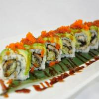 R5. Eel Dragon Roll · Eel, cucumber inside, topped with avocado and masago.