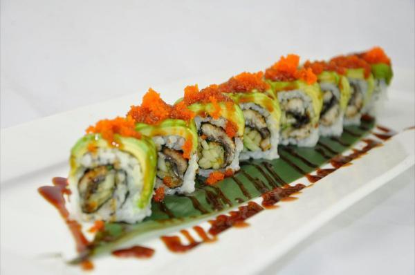 R5. Eel Dragon Roll · Eel, cucumber inside, topped with avocado and masago.