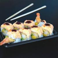 R7. Shrimp Dragon Roll · Shrimp tempura, avocado, mango inside, topped with spicy crabmeat and eel sauce.